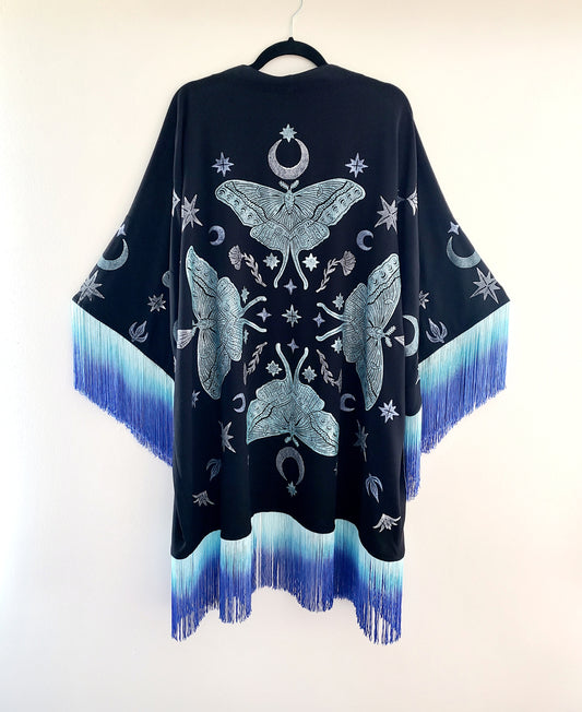 Moth Queen Fringe Robe in Raven/ Blue Ombre