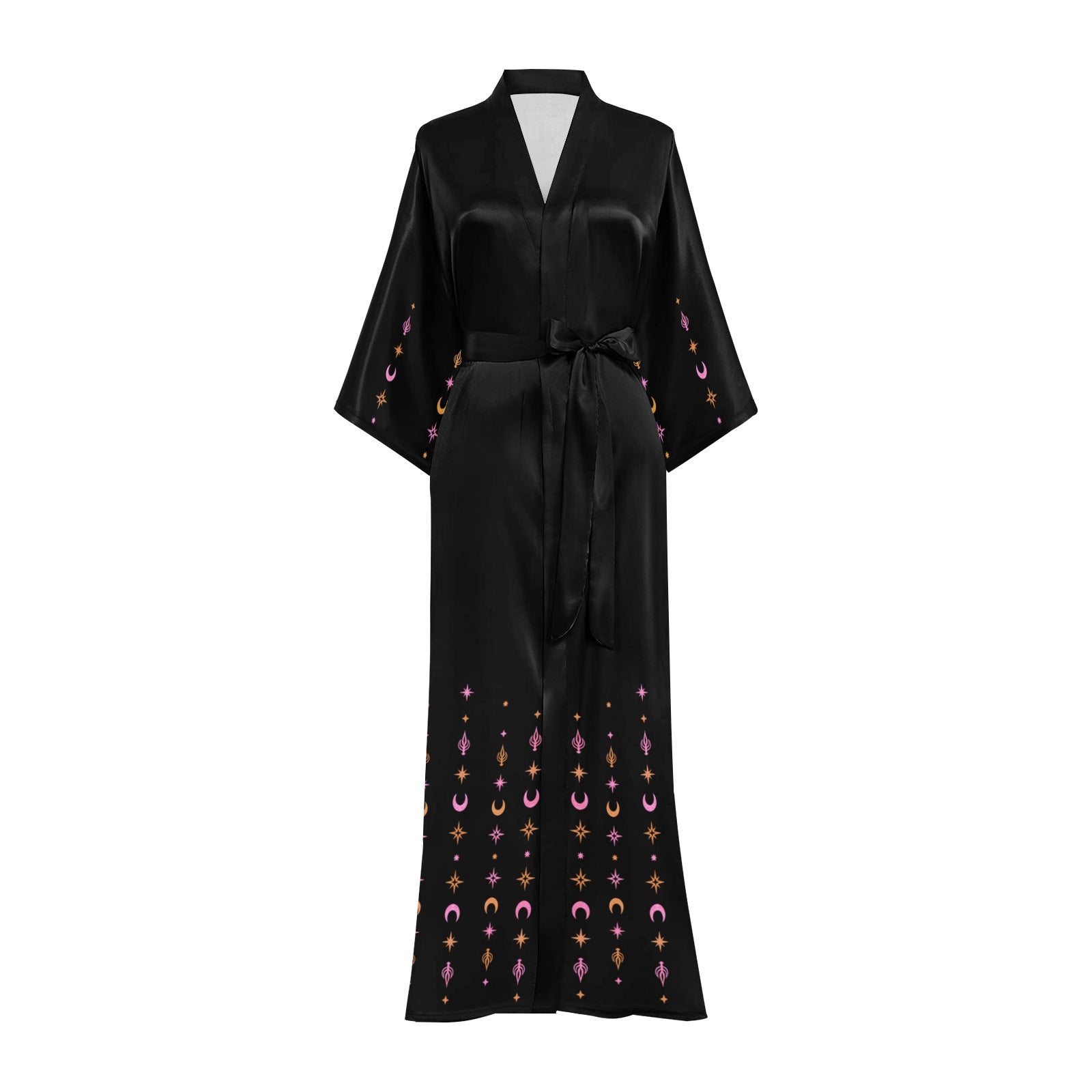 Black satin robe with star and moon pattern on a white background