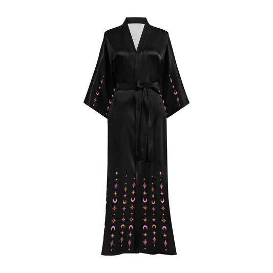 Black satin robe with star and moon pattern on a white background