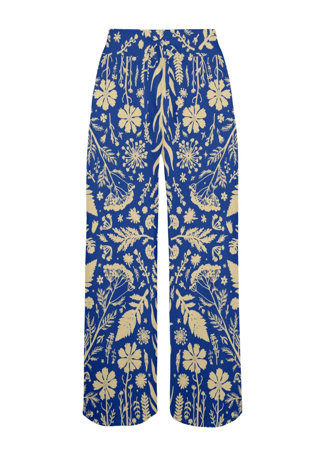 Blue pants with yellow floral pattern and close-up of fabric texture on a white background
