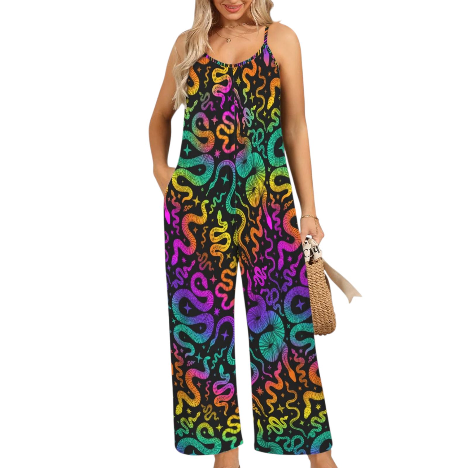 Woman wearing a colorful snake print jumpsuit on a white background