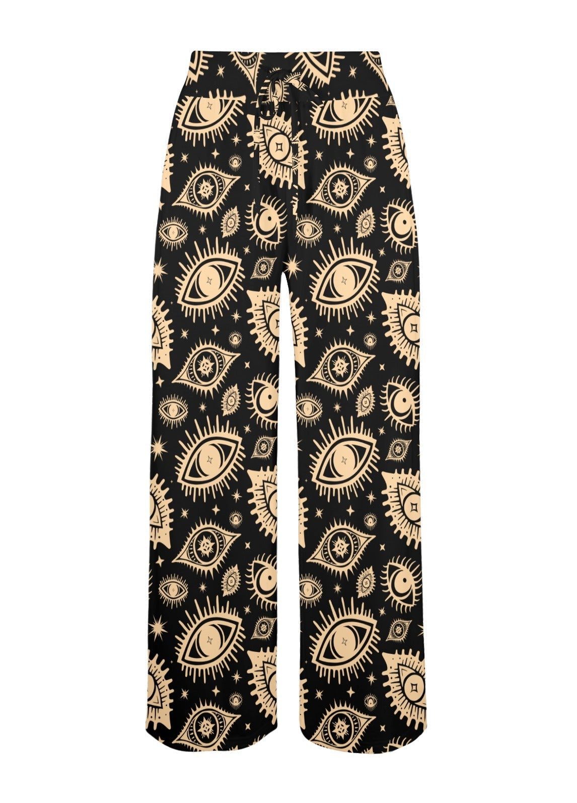 Black pants with gold eye pattern on a white background