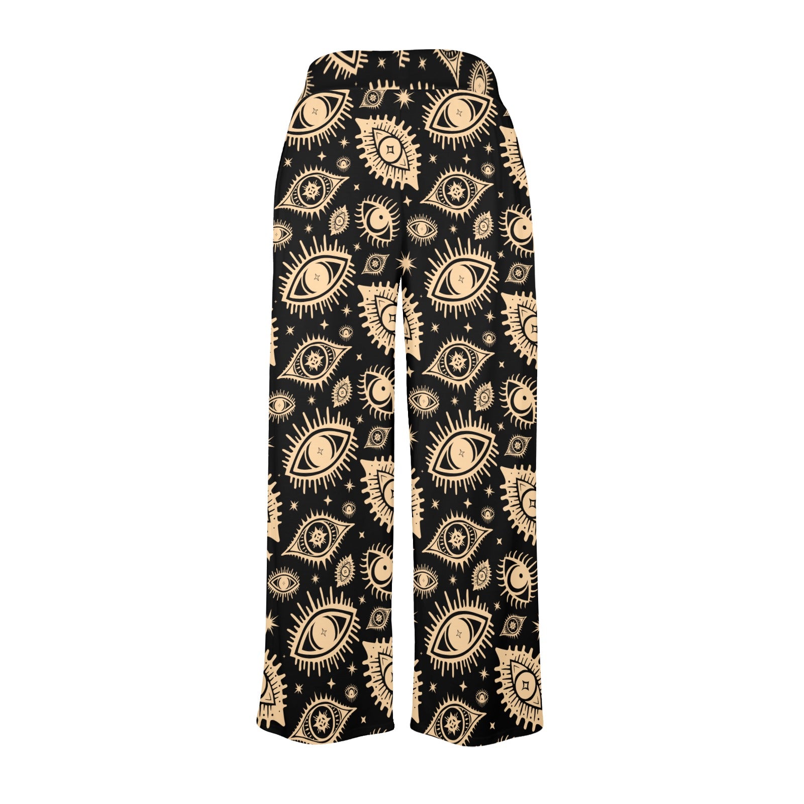 Black pants with gold eye pattern on a white background