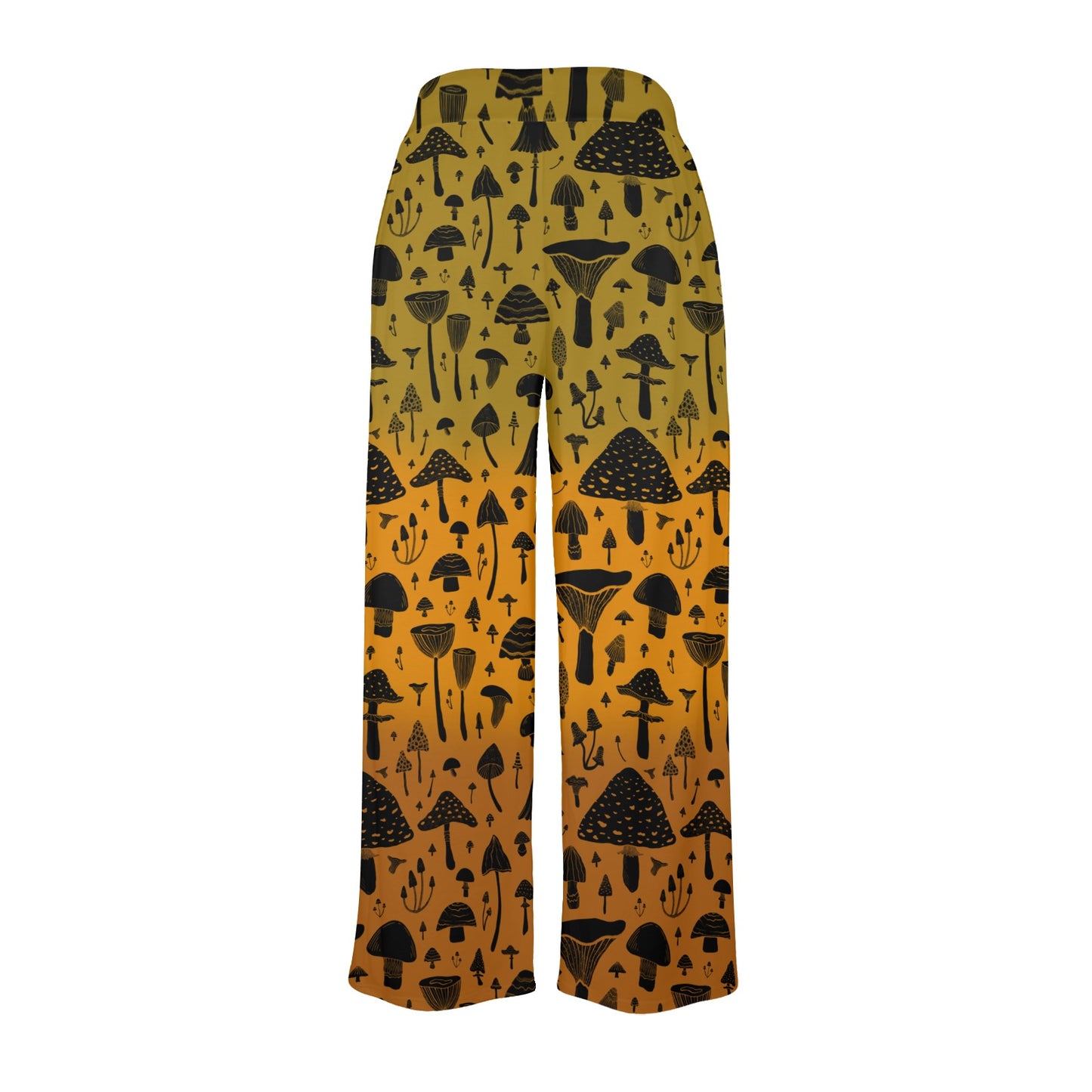 Pants with black mushroom pattern on a mustard yellow background