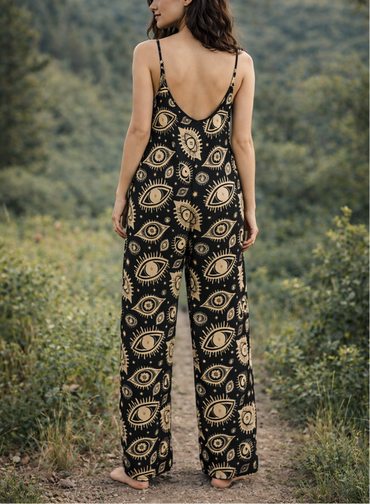 Woman wearing a black and gold patterned jumpsuit standing in a natural setting with greenery.