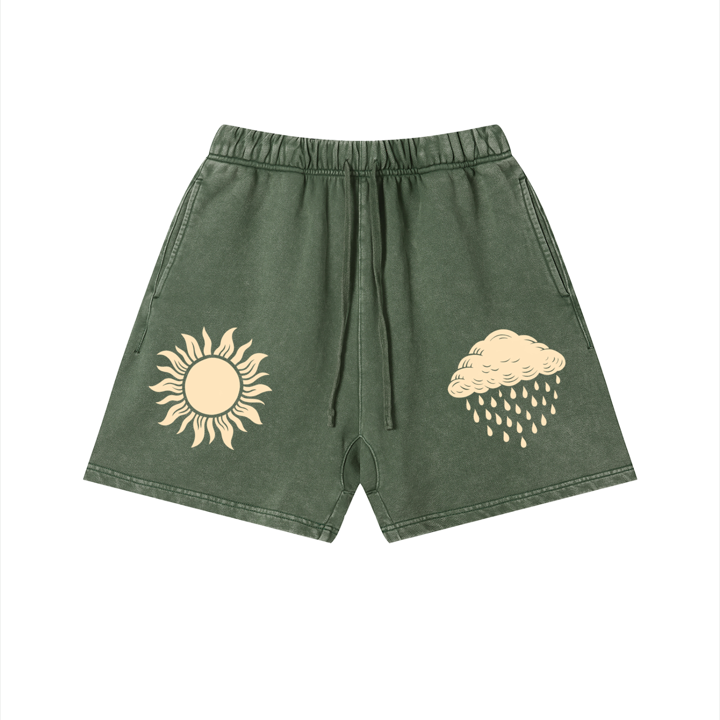 Green shorts with sun and cloud designs on a white background