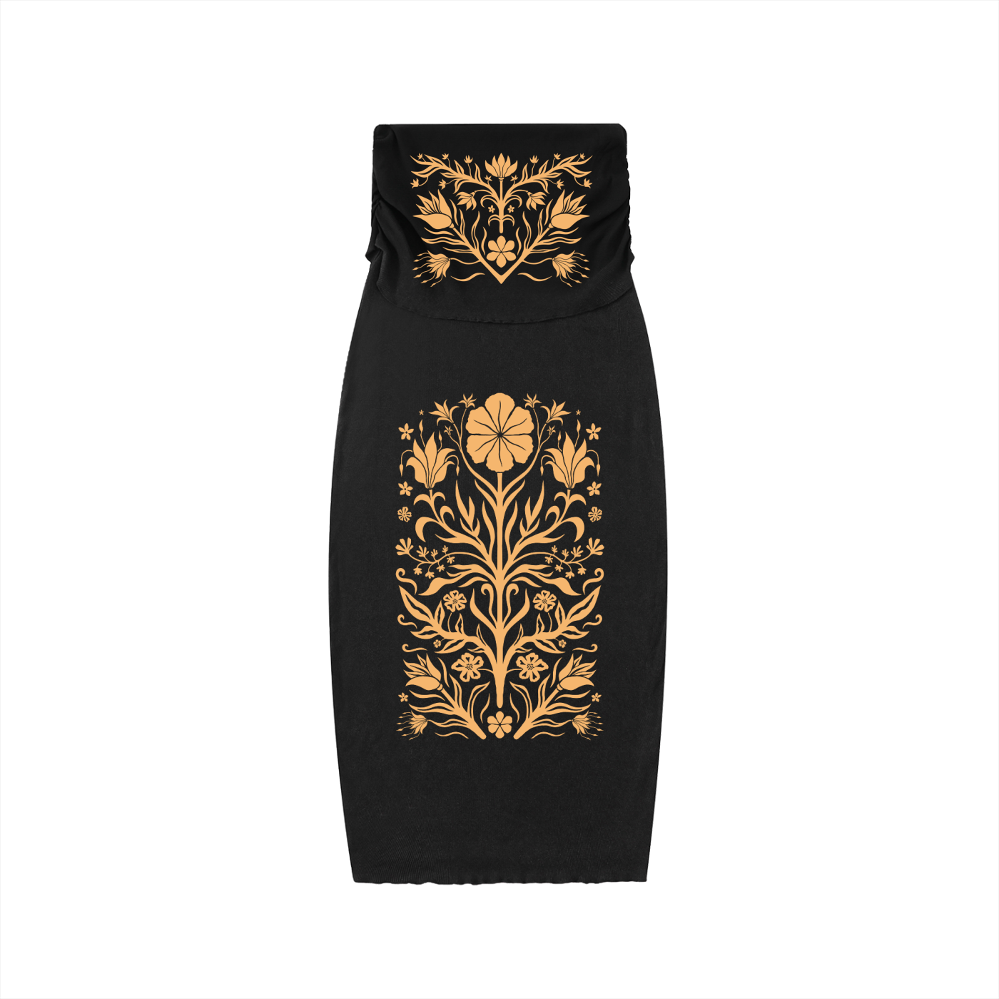 Black skirt with gold floral embroidery on a white background