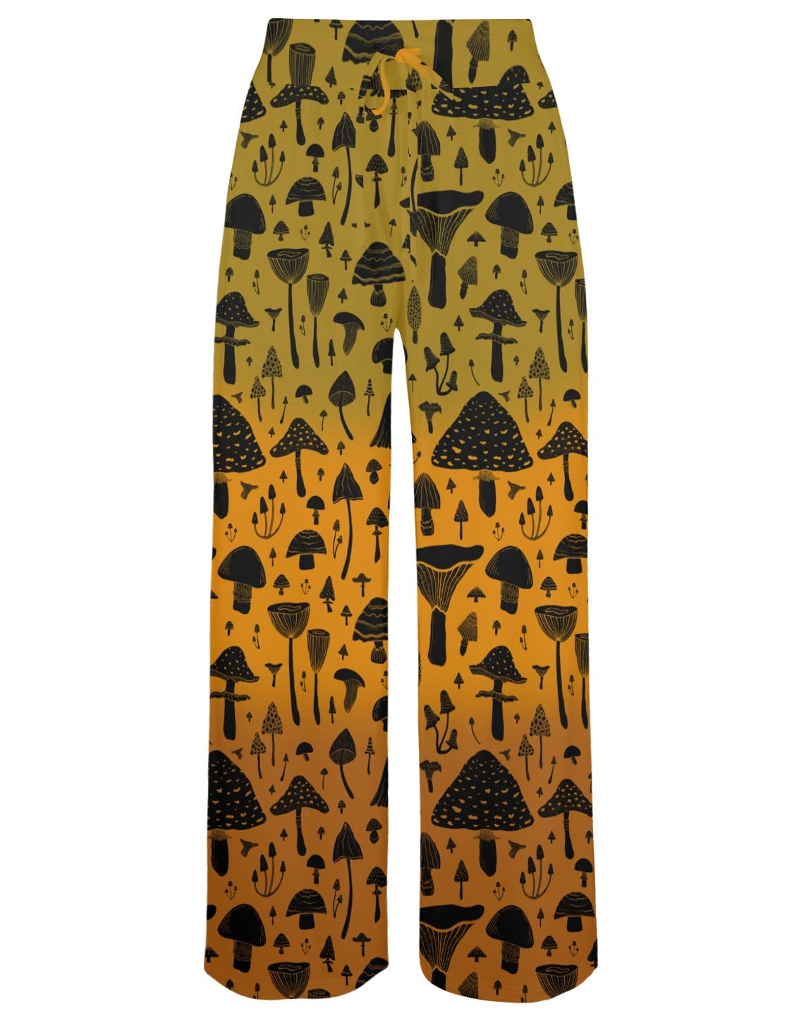 Yellow pants with black mushroom pattern and close-up of fabric texture on a white background