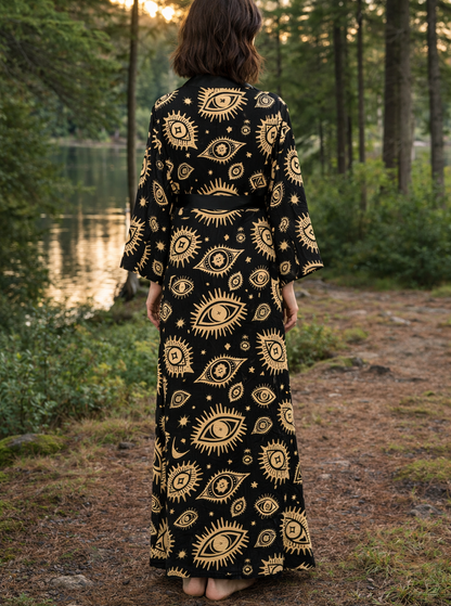 Person wearing a black kimono robe dress with gold eye patterns in a forest setting