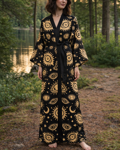 Woman wearing a black kimono robe with gold eye patterns in a forest setting