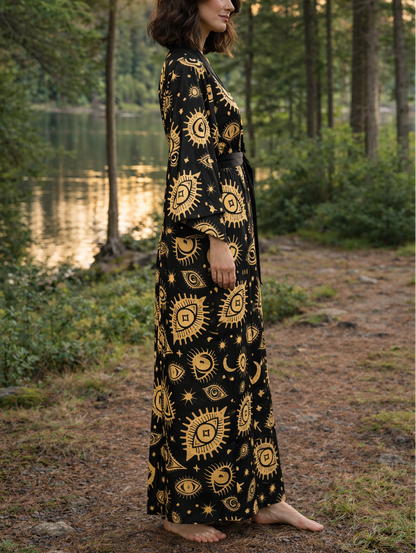 Woman in a black kimono robe dress with celestial eye patterns standing in a forest by a lake.