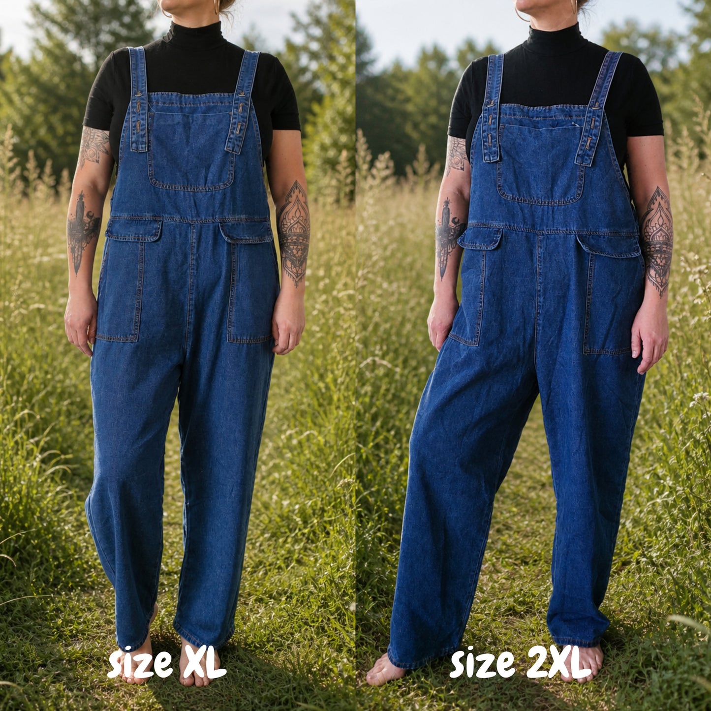 Two people wearing blue denim overalls in a grassy field, one size XL and one size 2XL.