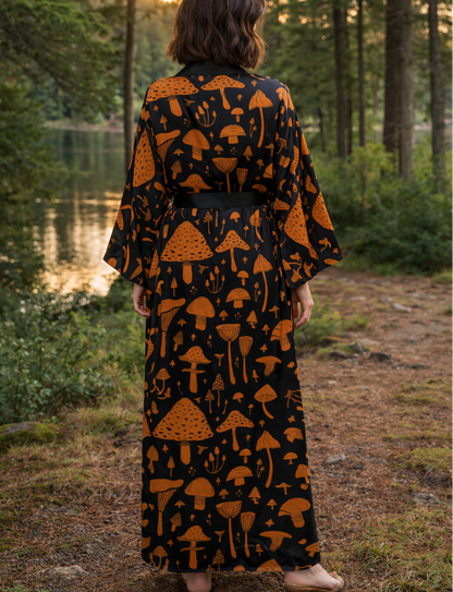 Person wearing a long, mushroom patterned kimono robe standing in a forest during sunset.