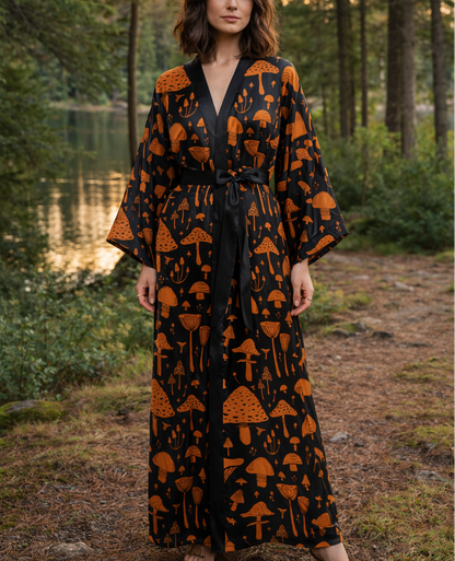 Woman in a mushroom patterned kimono robe standing in a forest with a lake in the background