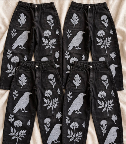 Pre-Order | Blackbird Hand Stamped Barrel Jeans
