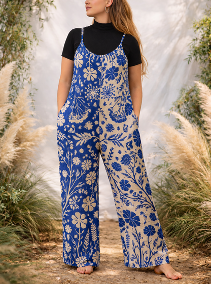 Woman wearing a blue floral overalls standing in a natural setting with plants and a blurred background.