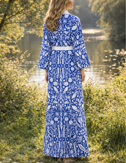 Woman in a blue floral kimono robe dress standing by a river with trees in the background