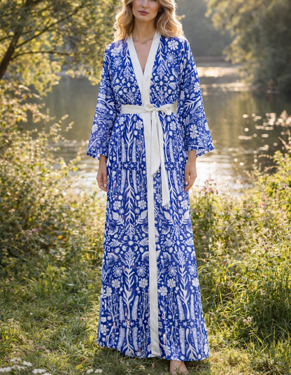 Woman wearing a blue floral plant patterned robe standing in a natural setting with trees and water. Cyanotype inspired printed clothing