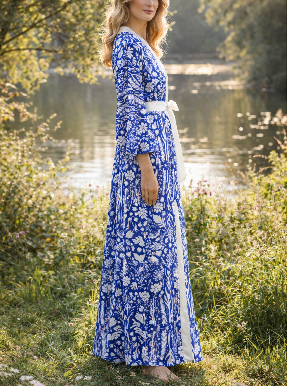 Woman in a blue floral kimono robe  standing by a river with trees in the background