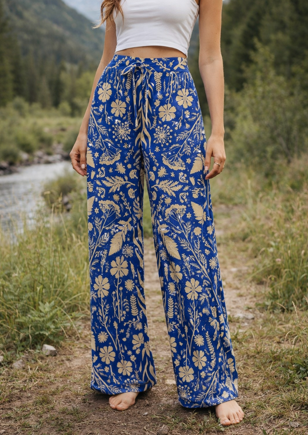 Person wearing blue floral pants standing in a natural setting with mountains and a stream.