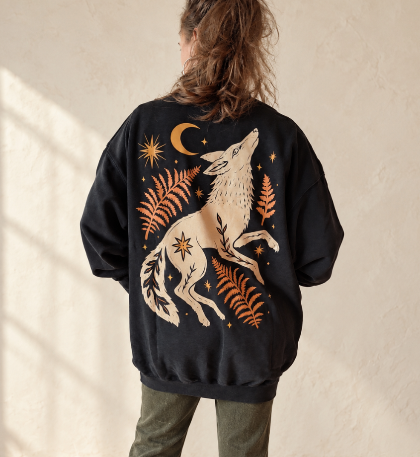A person viewed from behind wearing a black sweatshirt with a large back graphic of a howling wolf, ferns, stars, and a crescent moon in cream and orange tones, against a textured beige wall.