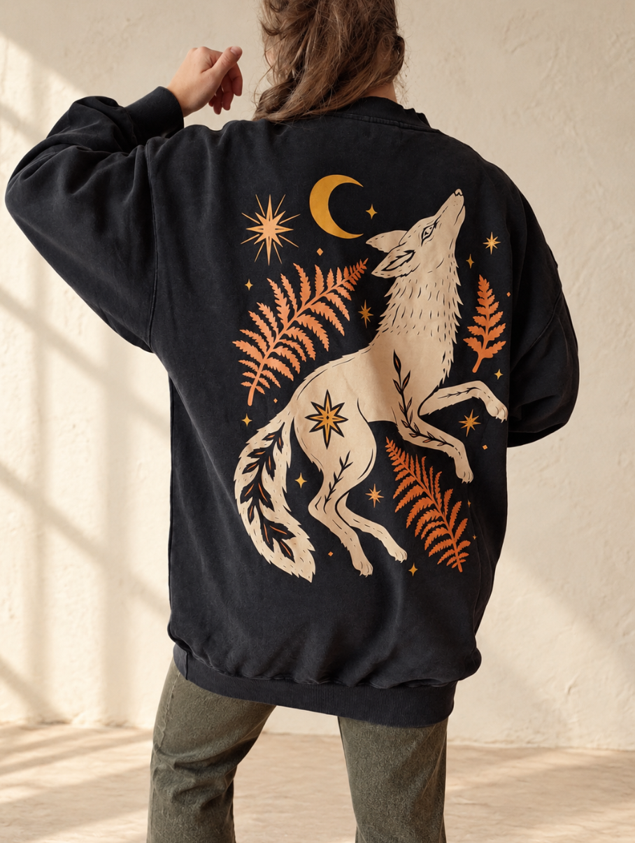 A person shown from the back wearing a black oversized bomber-style jacket with a large cream and orange graphic of a howling wolf, ferns, stars, and a crescent moon, standing against a textured off-white wall.