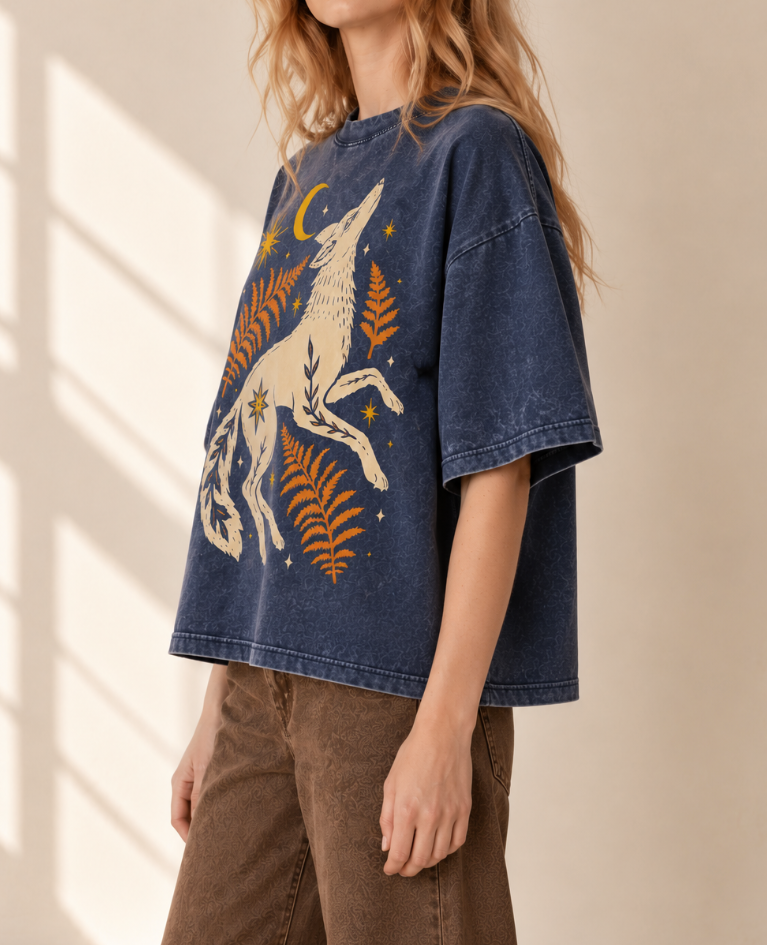 A woman wearing a washed blue oversized T-shirt with a large cream wolf graphic, orange ferns, and yellow stars, paired with brown pants, standing in a sunlit room.