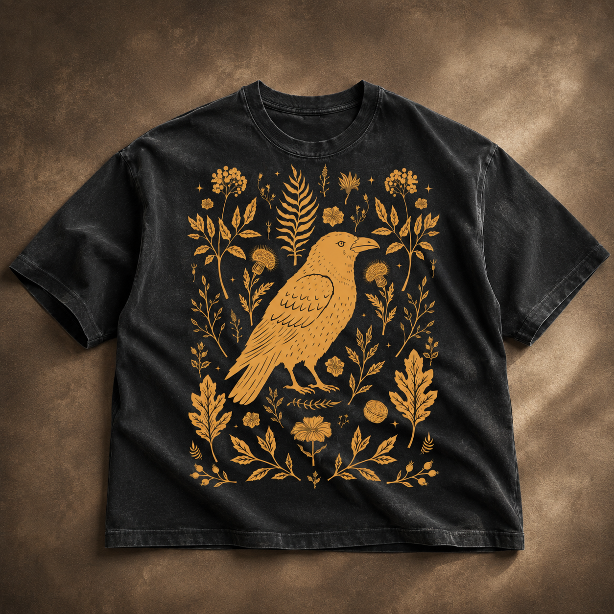 crow botanical graphic t-shirt