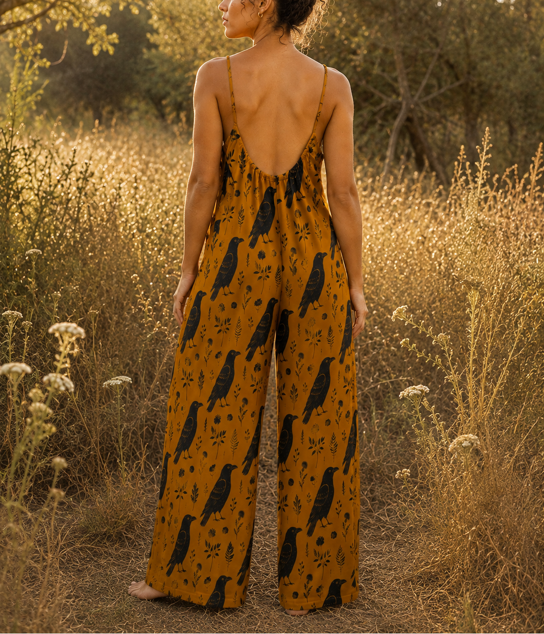 A woman stands outdoors in a field at sunset wearing a mustard yellow wide-leg jumpsuit with a black bird print. She is shown from behind, looking over her shoulder.