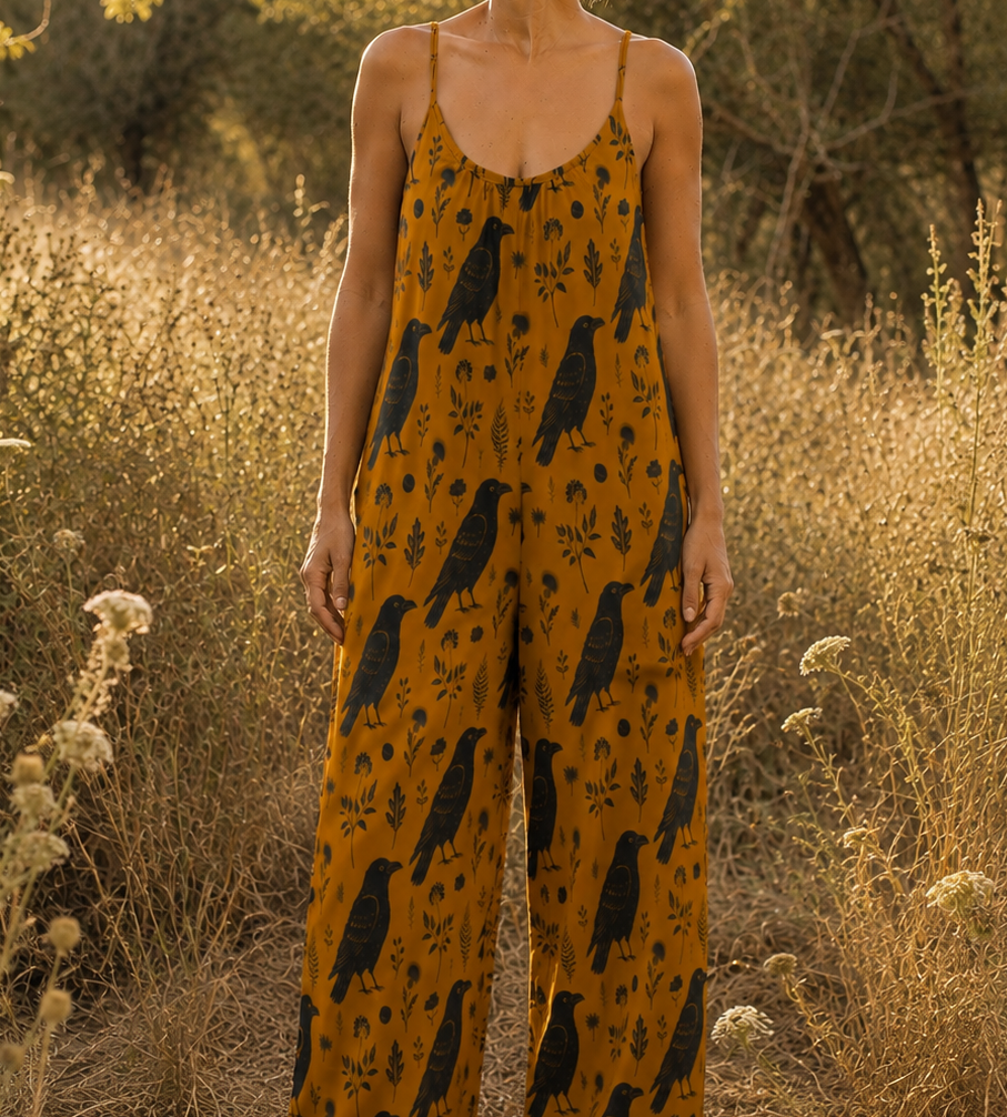 A woman stands barefoot in a sunlit field of dry grass, wearing a sleeveless mustard-yellow jumpsuit with a black bird print and thin straps.