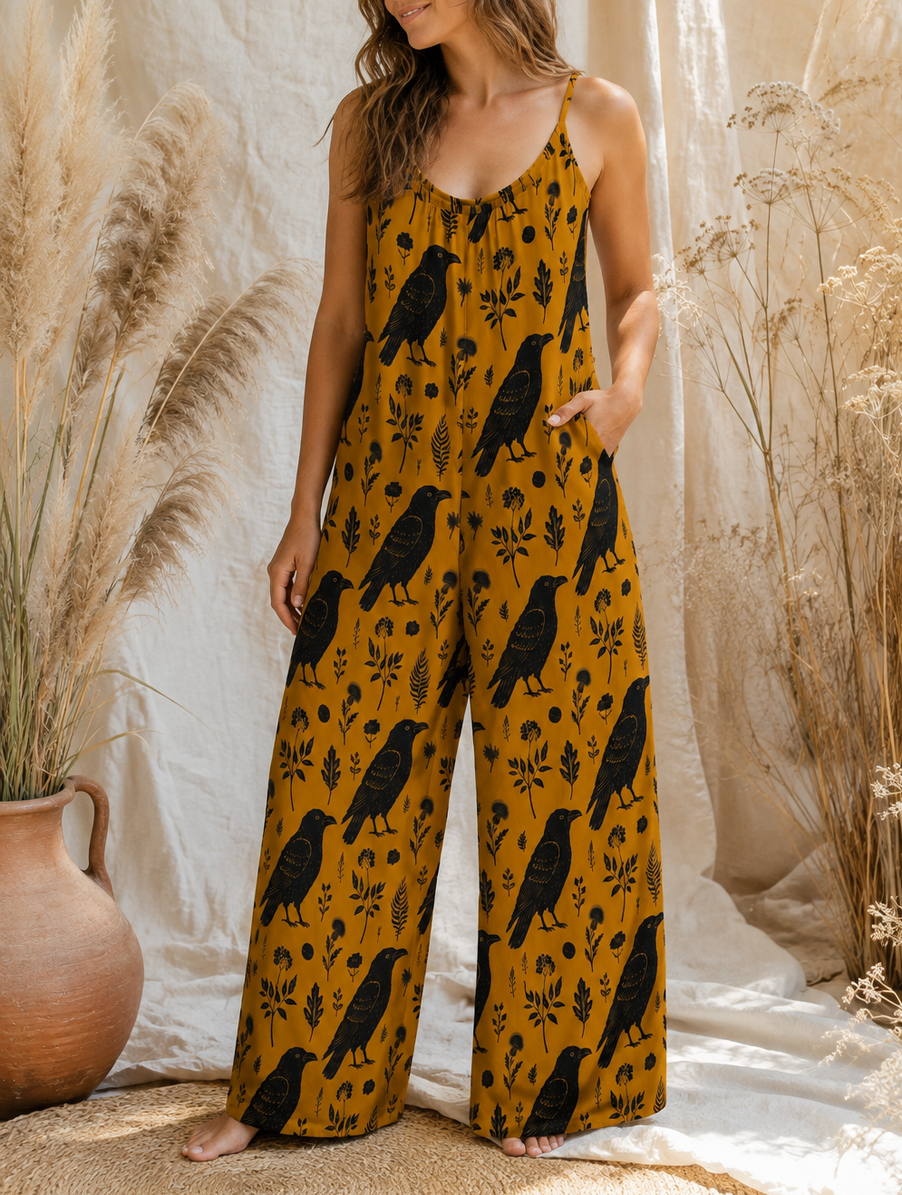 A woman modeling a mustard yellow wide-leg jumpsuit with a black crows and floral pattern, standing in a rustic studio setting with dried pampas grass and a terracotta pot.