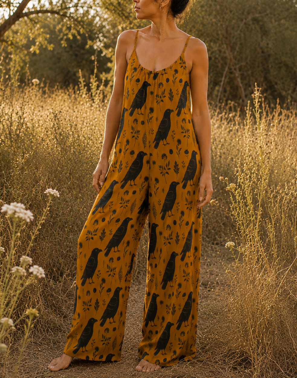 A woman stands barefoot in a sunlit field of dry grass, wearing a mustard-yellow sleeveless jumpsuit with a black bird print. Trees and shrubs are visible in the background.