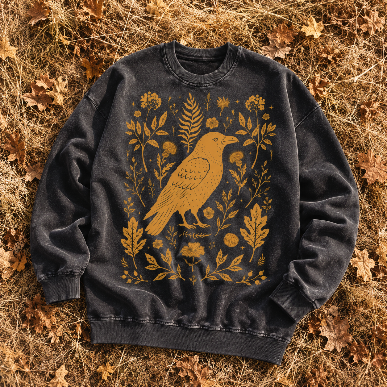 A dark washed crewneck sweatshirt featuring a golden-yellow raven surrounded by botanical illustrations, laid flat on a bed of dry autumn leaves.