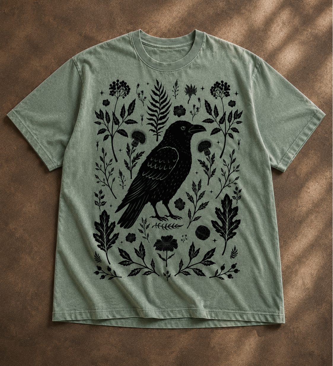 Unisex  sage green graphic crow t-shirt with vintage botanical and folk art design