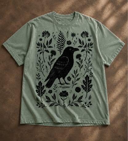 Unisex  sage green graphic crow t-shirt with vintage botanical and folk art design