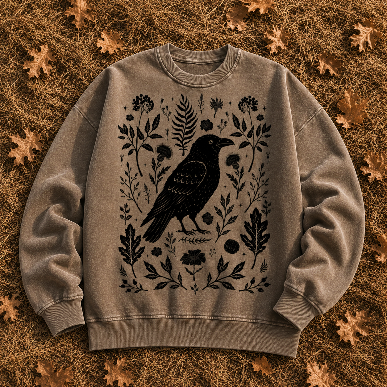 A washed taupe crewneck sweatshirt featuring a black graphic print of a raven surrounded by botanical illustrations, laid flat on a bed of dry autumn leaves.