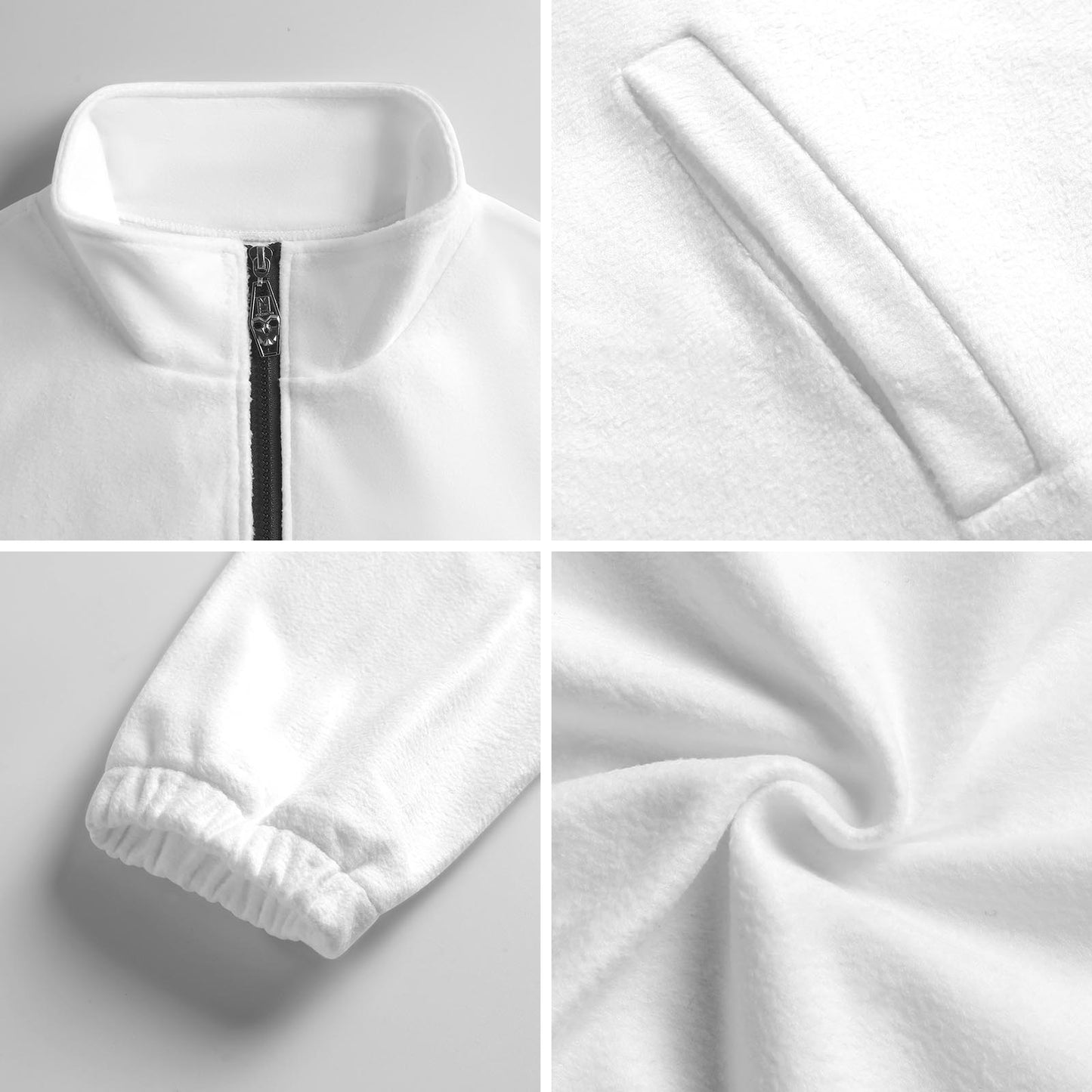 Collage of close-up details of a white fleece jacket on a light gray background