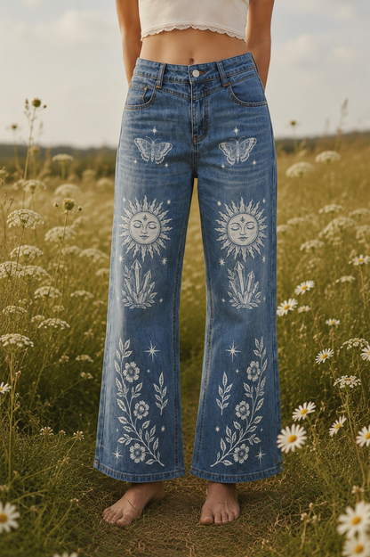 Person wearing blue jeans with white embroidery in a field of flowers