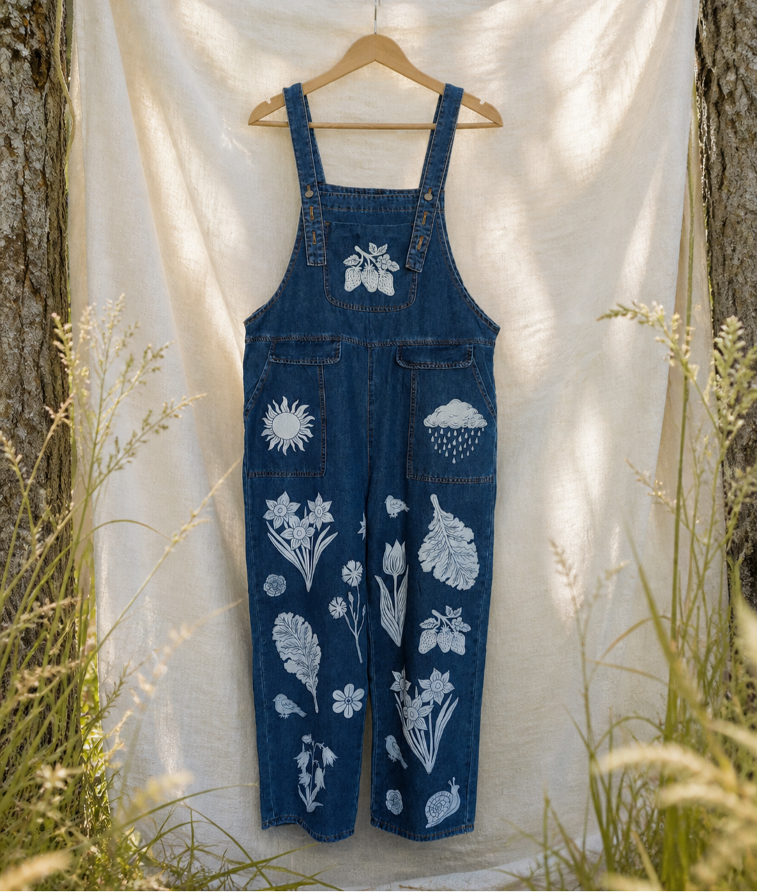 Blue denim overalls with white floral patterns hanging against a white curtain with natural light.
