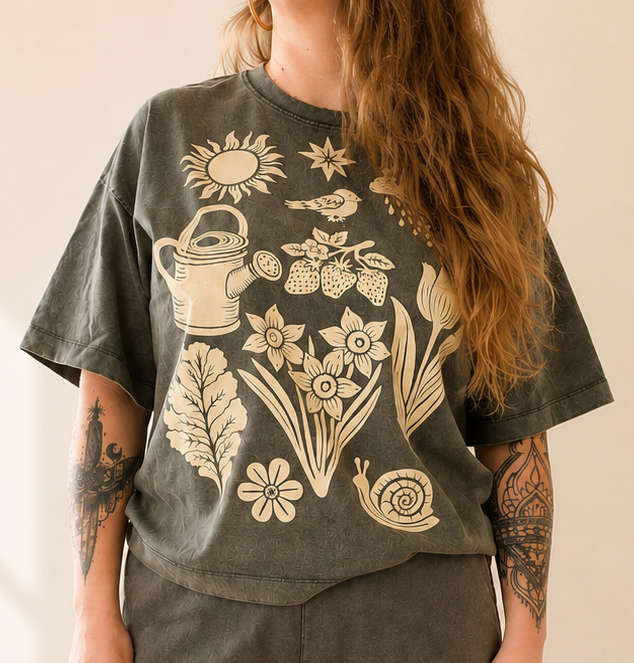 Person wearing a dark gray t-shirt and shorts with nature-themed designs on a beige background