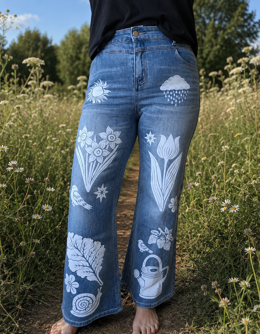 Person wearing blue jeans with white floral and nature-themed designs standing in a field.