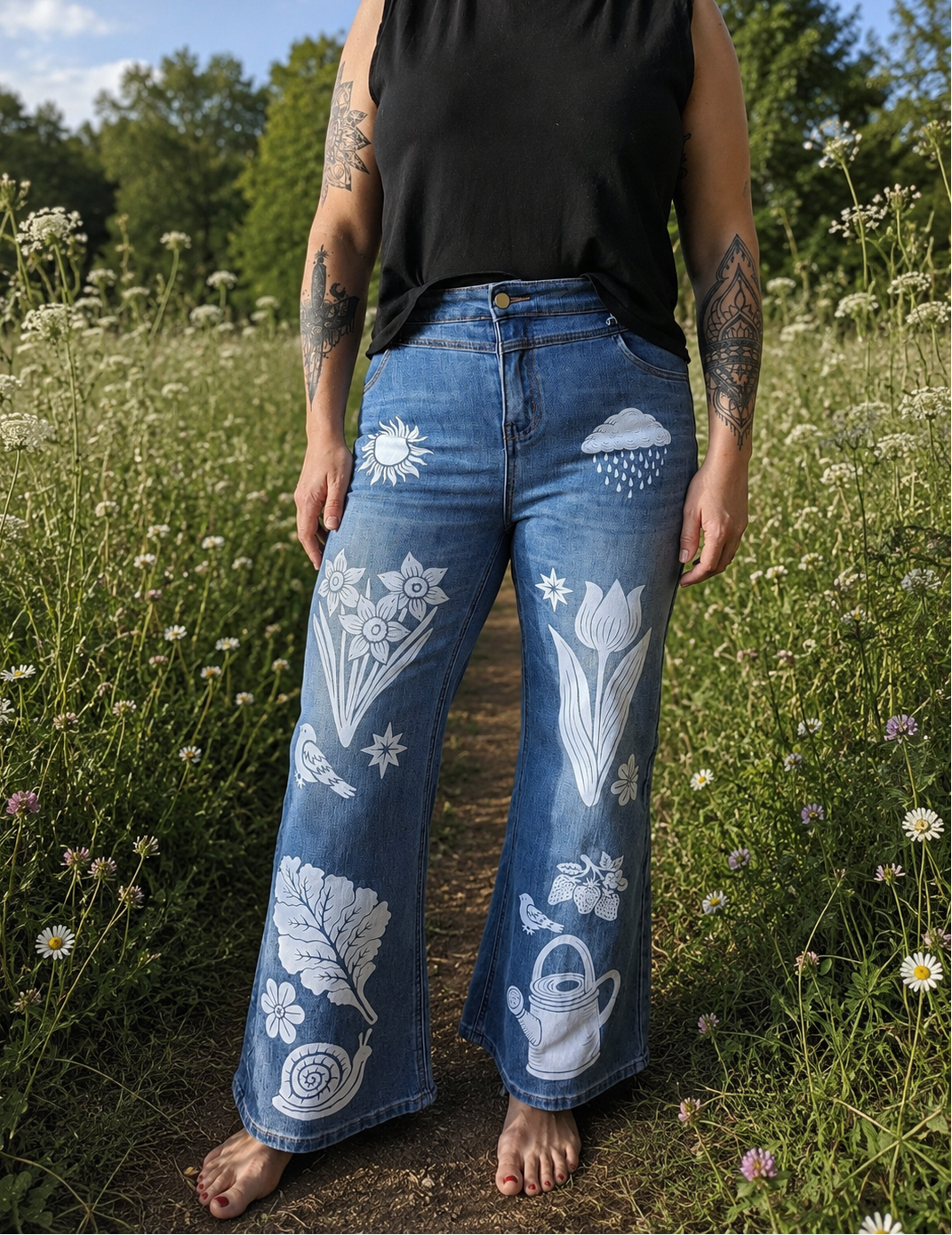 Person wearing blue jeans with white floral and nature-themed designs in a field.