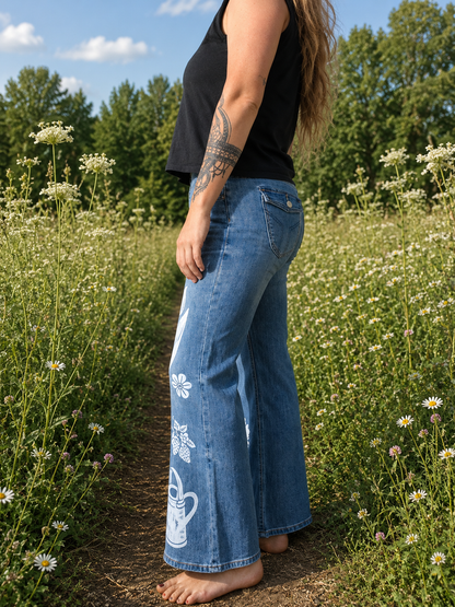 Person wearing blue jeans with white designs standing in a field of flowers.