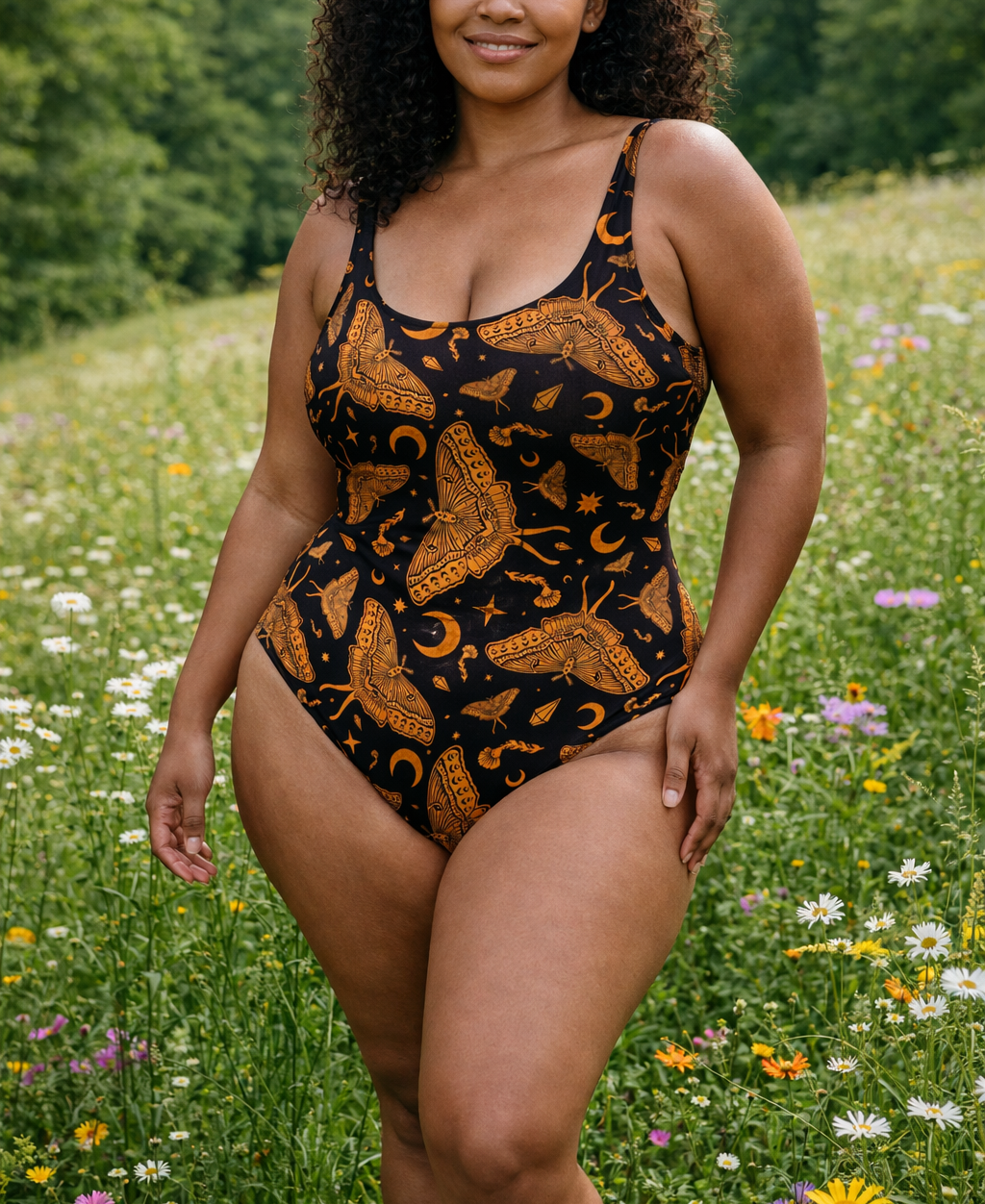 Woman wearing a luna moth celestial moon patterned one-piece swimsuit in a field of flowers