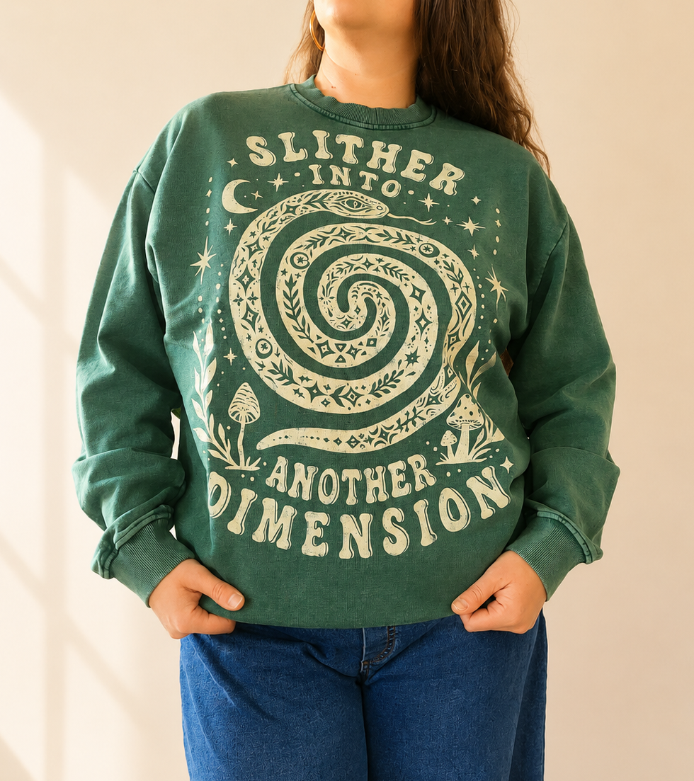 Person wearing a green sweatshirt with a spiral design and text on a plain background