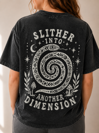 Black t-shirt with white graphic and text on a plain background