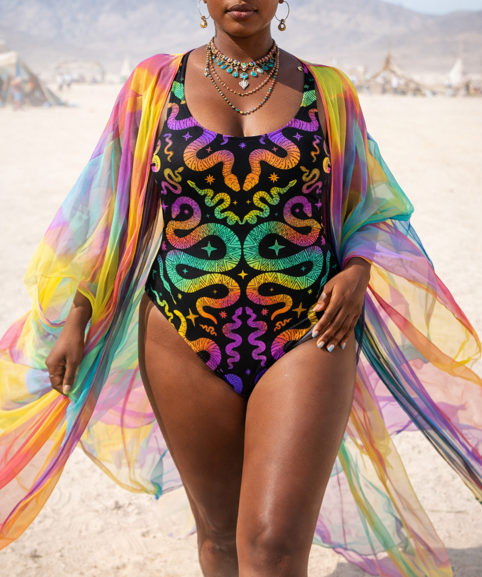 Woman in a colorful snake swimsuit with a rainbow cover-up in a festival.