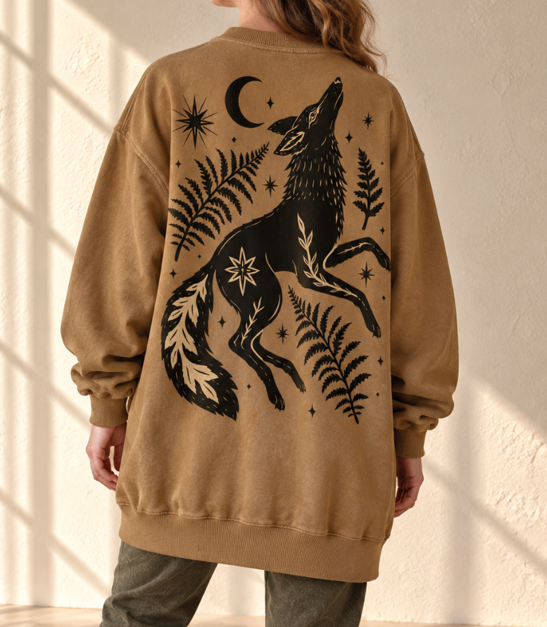 A person shown from the back wearing an oversized tan sweatshirt with a large black graphic of a howling wolf, ferns, stars, and a crescent moon. The person is standing indoors against a textured cream wall with soft window shadows.
